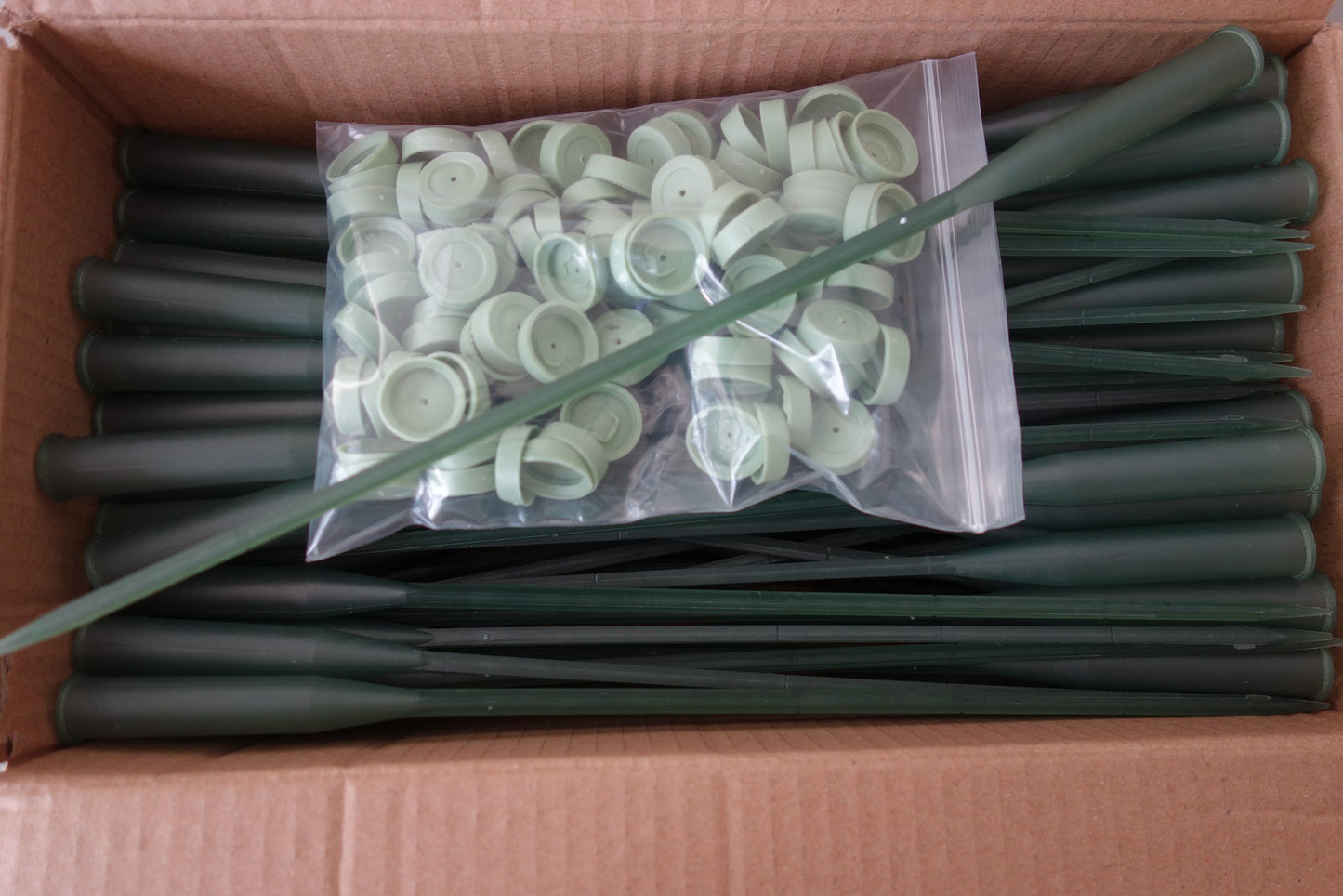 Pipette on a stick with caps in box