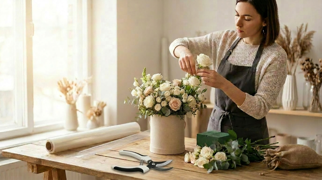 Florist working on Hatbox Wedding Arrangment
